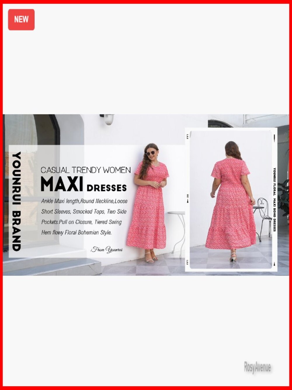 Plus Size Maxi Dress with Pockets Floral Smocked Tiered Layers Flutter Sleeves - Picture 7 of 7